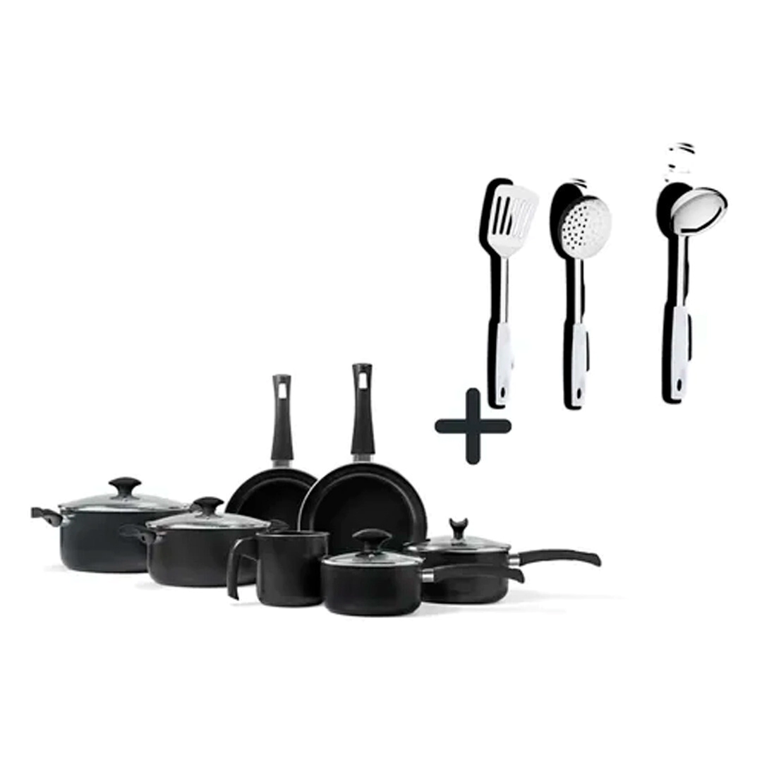 COMBO SET MASALA 7 PZAS BRINOX NEGRO + 3 UTENSILIOS ASTI BLANCO