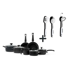 COMBO SET MASALA 7 PZAS BRINOX NEGRO + 3 UTENSILIOS ASTI BLANCO